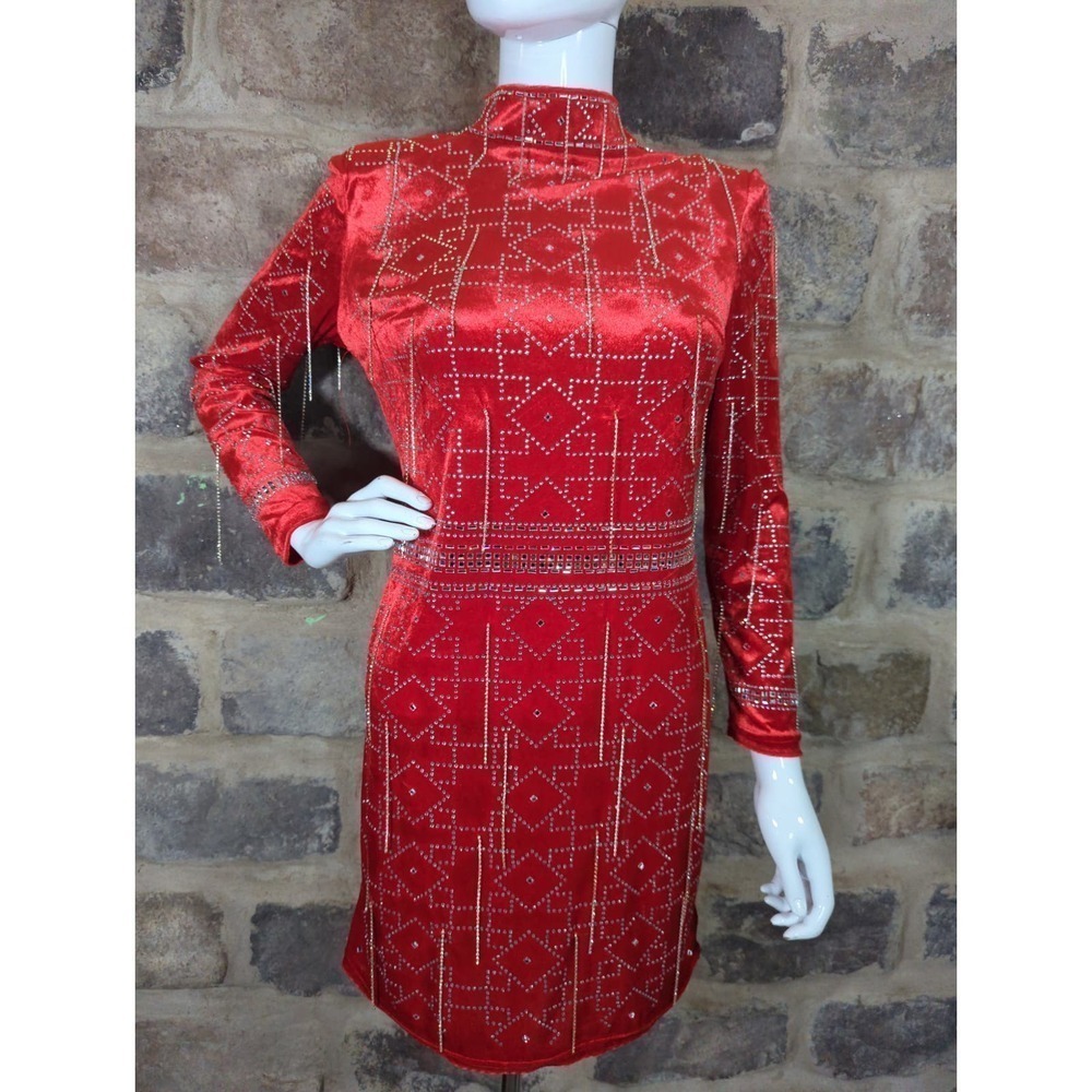 No Brand Mini Dress Red‎ Velvet Rhinestone Long Sleeve Woman's Size Large